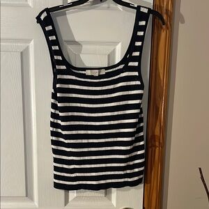 LOFT Navy Blue and White Fitted Ribbed Tank Top